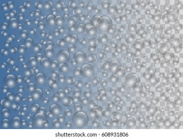 Soap bubbles on blue and transparent vector background.