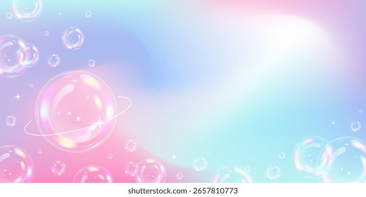 Burbujas de jabón sobre un fondo de gradiente de ensueño. Colores rosa, púrpura y azul. Anuncio con espacio de copia. Ilustración vectorial.