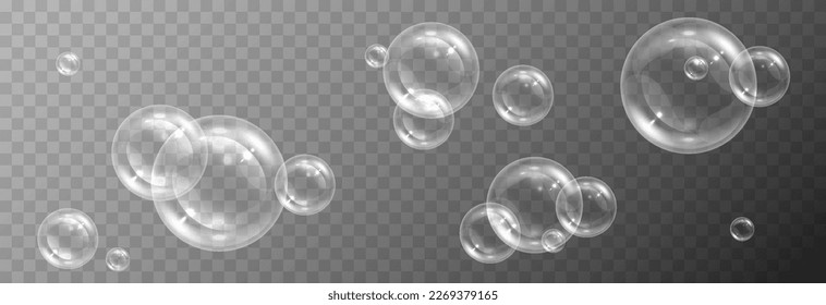 Soap bubbles on an isolated transparent background. Soap bubbles png. Soap, detergent, shampoo. Vector illustration.