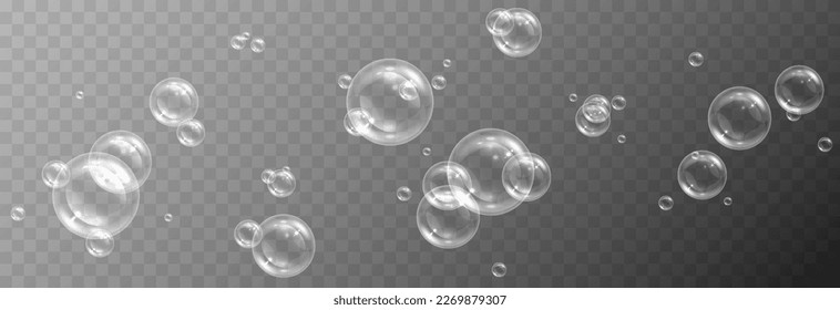 Soap bubbles on an isolated transparent background. Soap bubbles png. Soap, detergent, shampoo. Vector illustration.