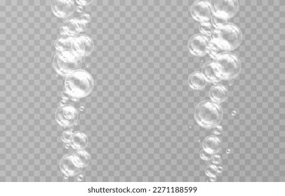 Las burbujas de jabón en un fondo transparente y aislado. Las burbujas de jabón están por delante. Jabón, detergente, champú. Ilustración vectorial.
