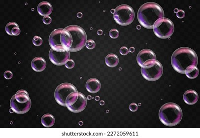Soap bubbles on an isolated transparent background. Soap bubbles png. Soap, detergent, shampoo. Vector illustration.