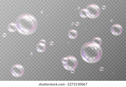 Soap bubbles on an isolated transparent background. Soap bubbles png. Soap, detergent, shampoo. Vector illustration.
