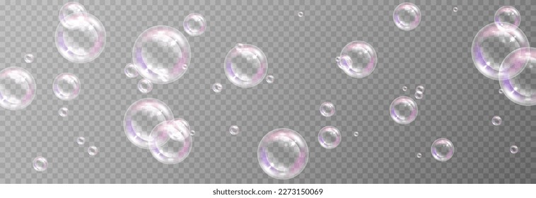 Soap bubbles on an isolated transparent background. Soap bubbles png. Soap, detergent, shampoo. Vector illustration.