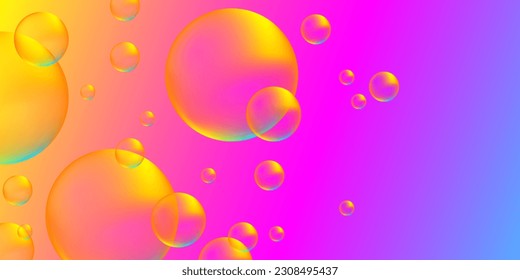 Soap bubbles on a multicolored background. Futuristic bright backdrop with water foam bubbles. Vector colorful rainbow glass sphere.