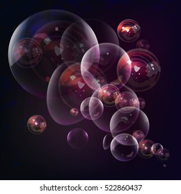 Soap bubbles on purple background in vector. Transparent water ball with shine and reflection for decoration. Dark violet blur backdrop