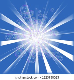 Soap bubbles on radial background. Banner, poster or flyer template, vector illustration