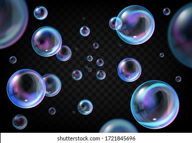 Soap bubbles on transparent background, realistic vector water foam balls with rainbow color reflections. Floating colorful soap bubbles, bath, shower and laundry objects design