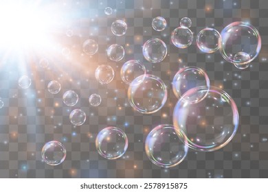 Soap bubbles on a transparent background with sun rays, vector illustration.EPS 10.