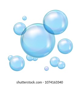 Soap bubbles on white background for cleansing and personal care concept. Realistic vector.