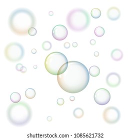 Soap bubbles on white background. Vector illustration. Freshness and purity.