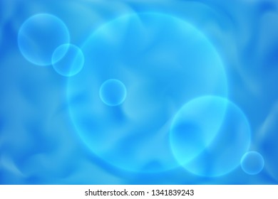 Soap bubbles pattern on light blue soapy water background. Smooth and mild texture with blue space fog and circle planets