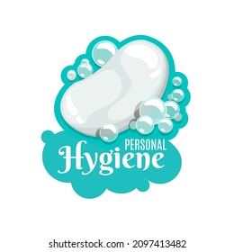 Soap with bubbles, personal hygiene icon. Bathing and toiletries, laundry detergent and body hygiene cartoon vector emblem, sticker or icon with ellipse shape antibacterial soap bar with foam bubbles