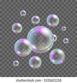 Soap bubbles with rainbow colors on transparent background. 3d realistic flying foam bubbles set - vector illustration