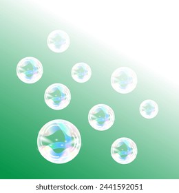 Soap bubbles in rainbow colors on a greenand white gradient background.