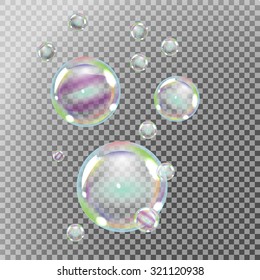 Soap bubbles with rainbow reflection on transparent background, vector