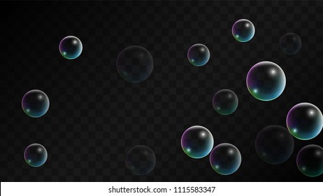 Soap bubbles with Rainbow Reflection. Set of Realistic Water or Soap Bubbles for Your Design. Shampoo or Foam Cosmetic Flyer and Invite. Bubble with Hologram Reflection. Isolated Vector Illustration.