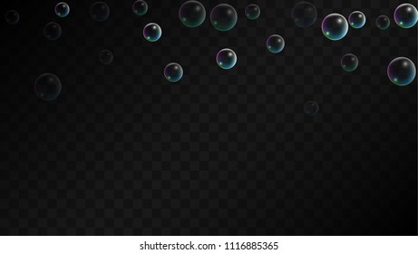 Soap bubbles with Rainbow Reflection. Set of Realistic Water or Soap Bubbles for Your Design. Shampoo or Foam Cosmetic Flyer and Invite. Bubble with Hologram Reflection. Isolated Vector Illustration.