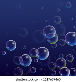 Soap bubbles with Rainbow Reflection. Set of Realistic Water or Soap Bubbles for Your Design. Shampoo or Foam Cosmetic Flyer and Invite. Bubble with Hologram Reflection. Isolated Vector Illustration.
