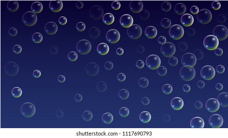 Soap bubbles with Rainbow Reflection. Set of Realistic Water or Soap Bubbles for Your Design. Shampoo or Foam Cosmetic Flyer and Invite. Bubble with Hologram Reflection. Isolated Vector Illustration.