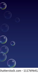 Soap bubbles with Rainbow Reflection. Set of Realistic Water or Soap Bubbles for Your Design. Shampoo or Foam Cosmetic Flyer and Invite. Bubble with Hologram Reflection. Isolated Vector Illustration.