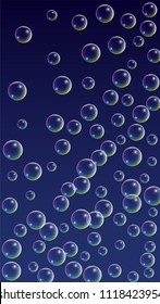 Soap bubbles with Rainbow Reflection. Set of Realistic Water or Soap Bubbles for Your Design. Shampoo or Foam Cosmetic Flyer and Invite. Bubble with Hologram Reflection. Isolated Vector Illustration.