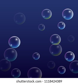 Soap bubbles with Rainbow Reflection. Set of Realistic Soap or Water Bubbles for Your Design. Shampoo or Foam Cosmetic Flyer and Invite. Bubble with Hologram Reflection. Isolated Vector Illustration.