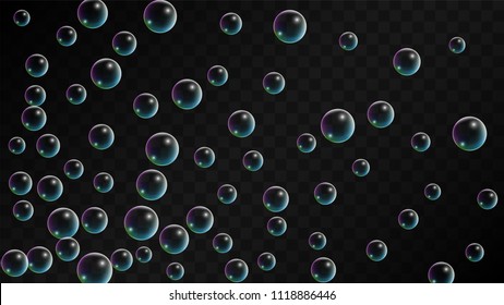 Soap bubbles with Rainbow Reflection. Set of Realistic Soap or Water Bubbles for Your Design. Shampoo or Foam Cosmetic Flyer and Invite. Bubble with Hologram Reflection. Isolated Vector Illustration.