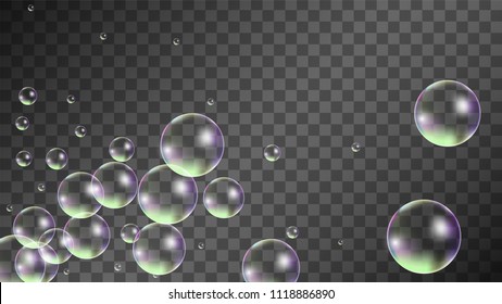 Soap bubbles with Rainbow Reflection. Set of Realistic Water or Soap Bubbles for Your Design. Shampoo or Foam Cosmetic Flyer and Invite. Bubble with Hologram Reflection. Isolated Vector Illustration.
