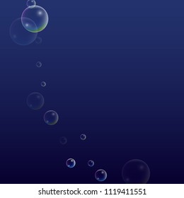 Soap bubbles with Rainbow Reflection. Set of Realistic Water or Soap Bubbles for Your Design. Shampoo or Foam Cosmetic Flyer and Invite. Bubble with Hologram Reflection. Isolated Vector Illustration.