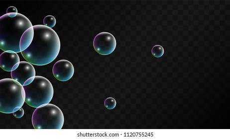 Soap bubbles with Rainbow Reflection. Set of Realistic Soap or Water Bubbles for Your Design. Shampoo or Foam Cosmetic Flyer and Invite. Bubble with Hologram Reflection. Isolated Vector Illustration.