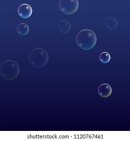 Soap bubbles with Rainbow Reflection. Set of Realistic Water or Soap Bubbles for Your Design. Shampoo or Foam Cosmetic Flyer and Invite. Bubble with Hologram Reflection. Isolated Vector Illustration.