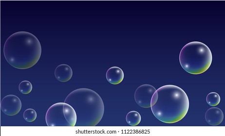 Soap bubbles with Rainbow Reflection. Set of Realistic Soap or Water Bubbles for Your Design. Shampoo or Foam Cosmetic Flyer and Invite. Bubble with Hologram Reflection. Isolated Vector Illustration.