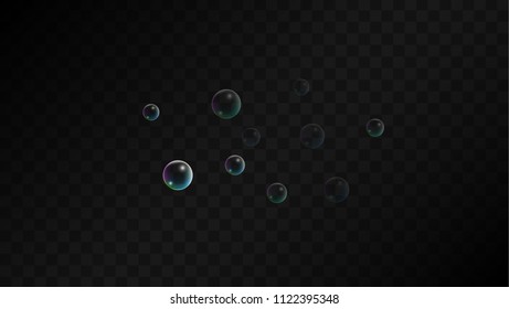 Soap bubbles with Rainbow Reflection. Set of Realistic Soap or Water Bubbles for Your Design. Shampoo or Foam Cosmetic Flyer and Invite. Bubble with Hologram Reflection. Isolated Vector Illustration.