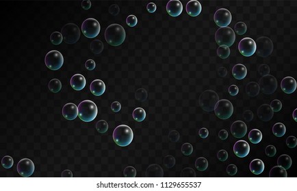 Soap bubbles with Rainbow Reflection. Set of Realistic Water or Soap Bubbles for Your Design. Shampoo or Foam Cosmetic Flyer and Invite. Bubble with Hologram Reflection. Isolated Vector Illustration.