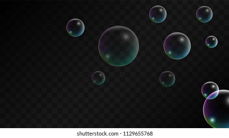 Soap bubbles with Rainbow Reflection. Set of Realistic Soap or Water Bubbles for Your Design. Shampoo or Foam Cosmetic Flyer and Invite. Bubble with Hologram Reflection. Isolated Vector Illustration.