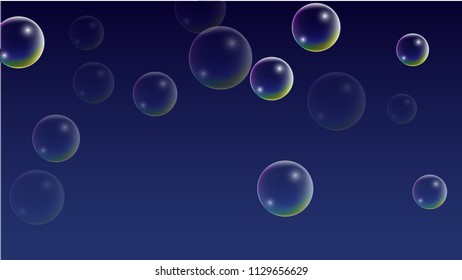 Soap bubbles with Rainbow Reflection. Set of Realistic Water or Soap Bubbles for Your Design. Shampoo or Foam Cosmetic Flyer and Invite. Bubble with Hologram Reflection. Isolated Vector Illustration.