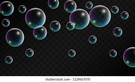 Soap bubbles with Rainbow Reflection. Set of Realistic Water or Soap Bubbles for Your Design. Shampoo or Foam Cosmetic Flyer and Invite. Bubble with Hologram Reflection. Isolated Vector Illustration.