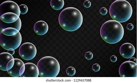 Soap bubbles with Rainbow Reflection. Set of Realistic Soap or Water Bubbles for Your Design. Shampoo or Foam Cosmetic Flyer and Invite. Bubble with Hologram Reflection. Isolated Vector Illustration.