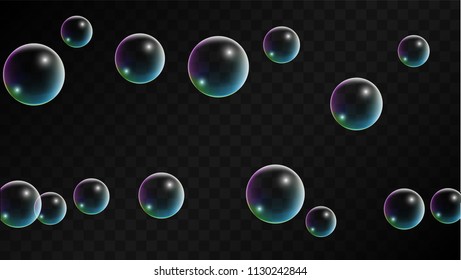 Soap bubbles with Rainbow Reflection. Set of Realistic Water or Soap Bubbles for Your Design. Shampoo or Foam Cosmetic Flyer and Invite. Bubble with Hologram Reflection. Isolated Vector Illustration.