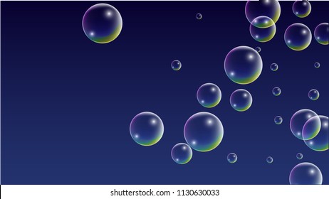 Soap bubbles with Rainbow Reflection. Set of Realistic Soap or Water Bubbles for Your Design. Shampoo or Foam Cosmetic Flyer and Invite. Bubble with Hologram Reflection. Isolated Vector Illustration.