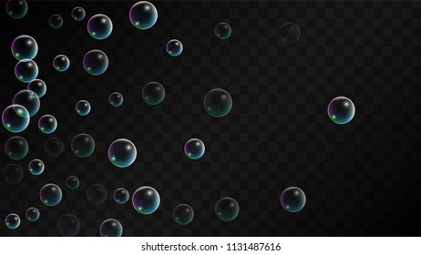 Soap bubbles with Rainbow Reflection. Set of Realistic Soap or Water Bubbles for Your Design. Shampoo or Foam Cosmetic Flyer and Invite. Bubble with Hologram Reflection. Isolated Vector Illustration.