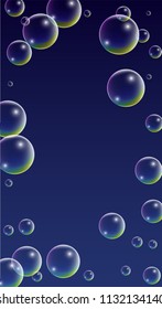 Soap bubbles with Rainbow Reflection. Set of Realistic Soap or Water Bubbles for Your Design. Shampoo or Foam Cosmetic Flyer and Invite. Bubble with Hologram Reflection. Isolated Vector Illustration.