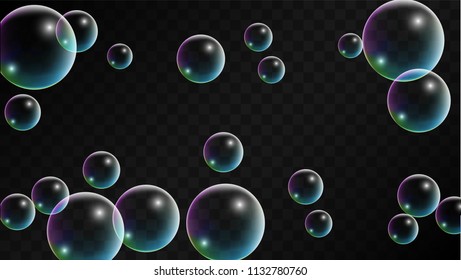 Soap bubbles with Rainbow Reflection. Set of Realistic Water or Soap Bubbles for Your Design. Shampoo or Foam Cosmetic Flyer and Invite. Bubble with Hologram Reflection. Isolated Vector Illustration.
