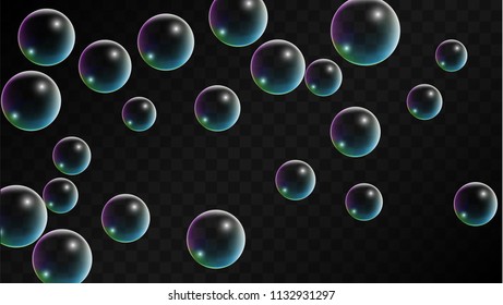 Soap bubbles with Rainbow Reflection. Set of Realistic Soap or Water Bubbles for Your Design. Shampoo or Foam Cosmetic Flyer and Invite. Bubble with Hologram Reflection. Isolated Vector Illustration.