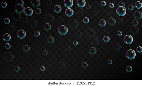 Soap bubbles with Rainbow Reflection. Set of Realistic Soap or Water Bubbles for Your Design. Shampoo or Foam Cosmetic Flyer and Invite. Bubble with Hologram Reflection. Isolated Vector Illustration.