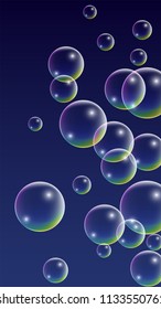 Soap bubbles with Rainbow Reflection. Set of Realistic Water or Soap Bubbles for Your Design. Shampoo or Foam Cosmetic Flyer and Invite. Bubble with Hologram Reflection. Isolated Vector Illustration.