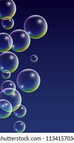 Soap bubbles with Rainbow Reflection. Set of Realistic Soap or Water Bubbles for Your Design. Shampoo or Foam Cosmetic Flyer and Invite. Bubble with Hologram Reflection. Isolated Vector Illustration.