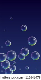 Soap bubbles with Rainbow Reflection. Set of Realistic Water or Soap Bubbles for Your Design. Shampoo or Foam Cosmetic Flyer and Invite. Bubble with Hologram Reflection. Isolated Vector Illustration.