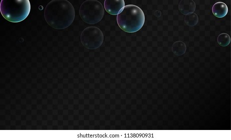 Soap bubbles with Rainbow Reflection. Set of Realistic Soap or Water Bubbles for Your Design. Shampoo or Foam Cosmetic Flyer and Invite. Bubble with Hologram Reflection. Isolated Vector Illustration.